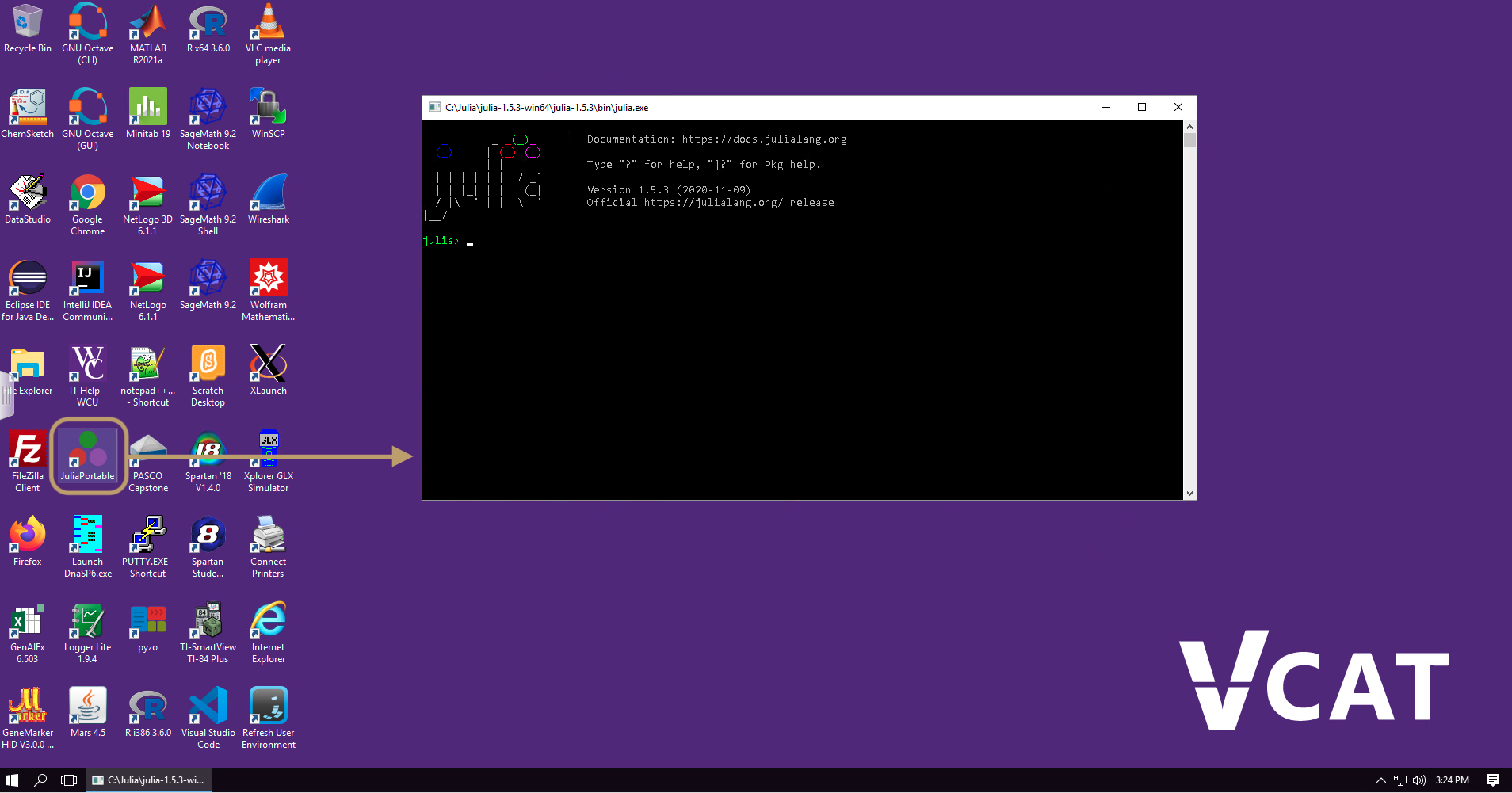 A screenshot showing the JuliaPortable icon and Julia REPL