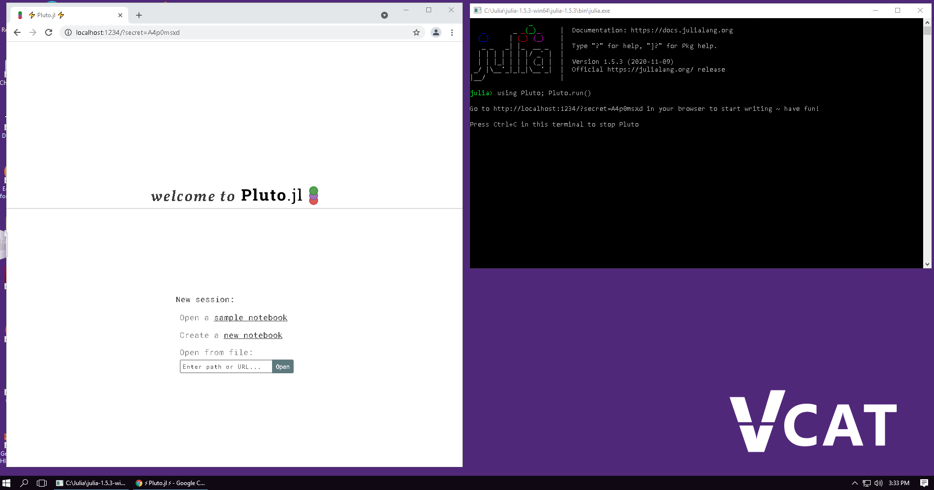 A screenshot showing the Pluto interface and Julia REPL running the background