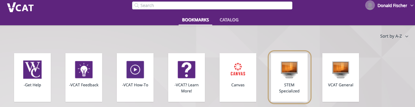 A screenshot showing the VCAT start page with STEM VCAT highlighted