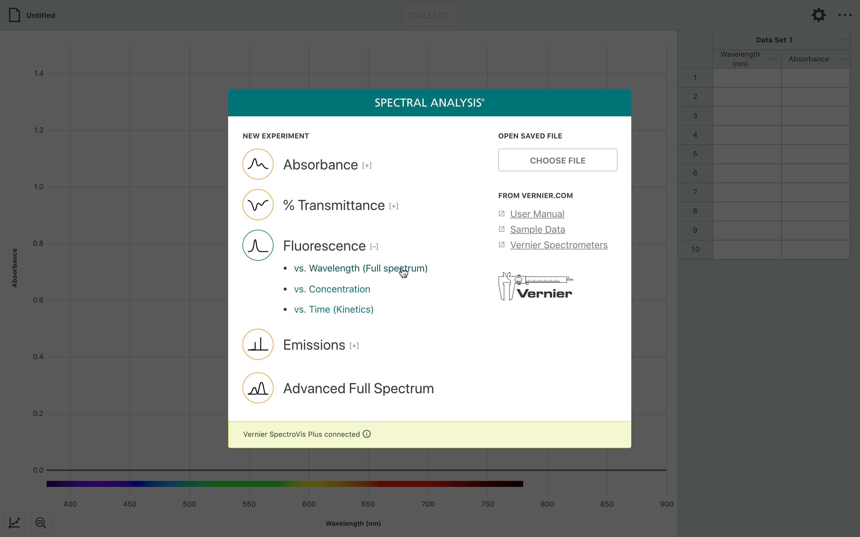 A screenshot showing the welcome screen of the Vernier Spectral Analysis software